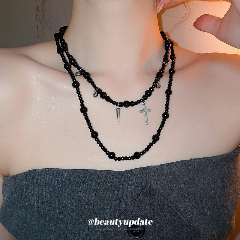Meier Y2k glass beaded cross pendant necklace - dark aesthetic, unique design, choker style
