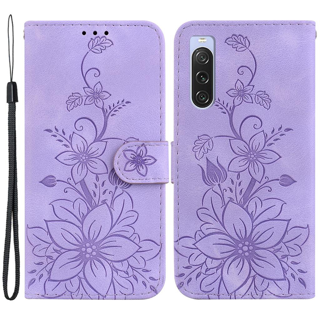 For Sony Xperia 10 V Shockproof PU Leather Phone Case Imprinted Lily Flower Cover Wallet Stand Shell