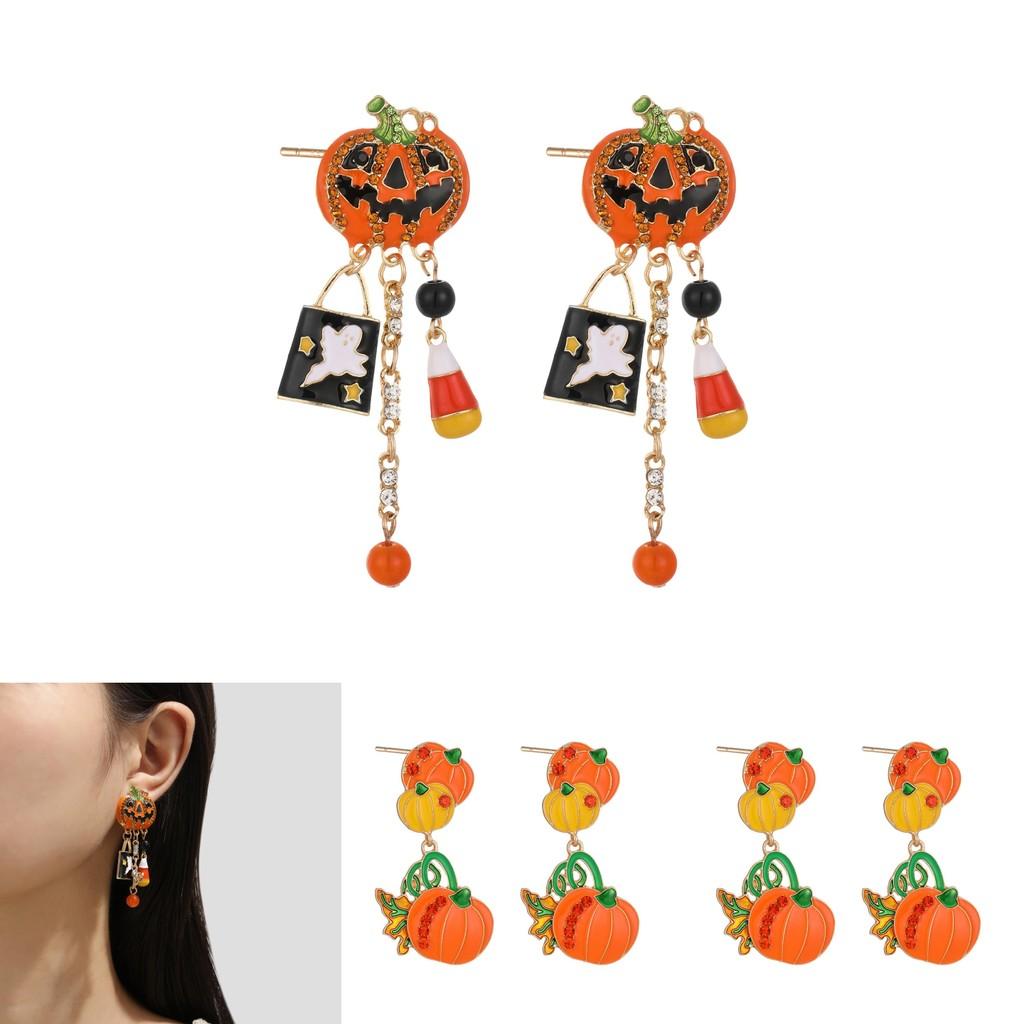 Whimsical Long Pumpkin Earrings For Halloween Featuring Cute Cartoon Characters In Alloy