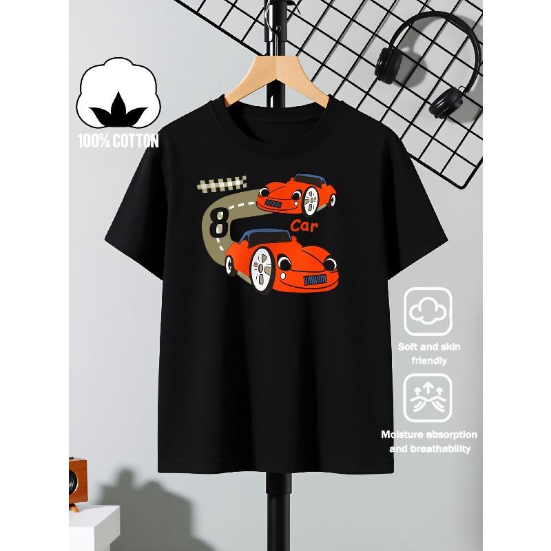 European sizes Boys' Short-sleeve T-shirt,Cotton with Printed Design, Red Racing Car Number Eight Children's Short Sleeves