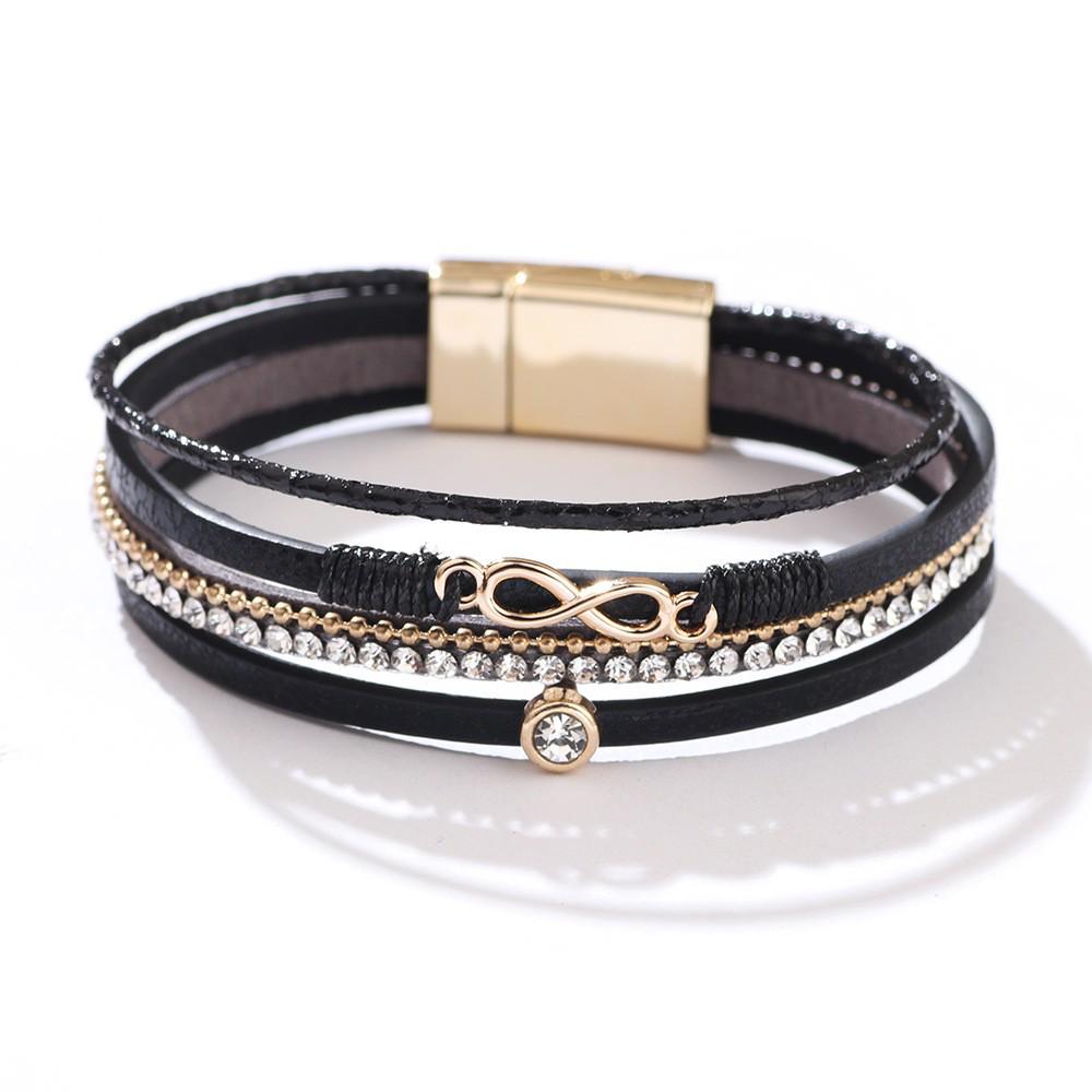 Bohemian Micro-Diamond Cross Bracelet with Magnetic Clasp & PU Leather