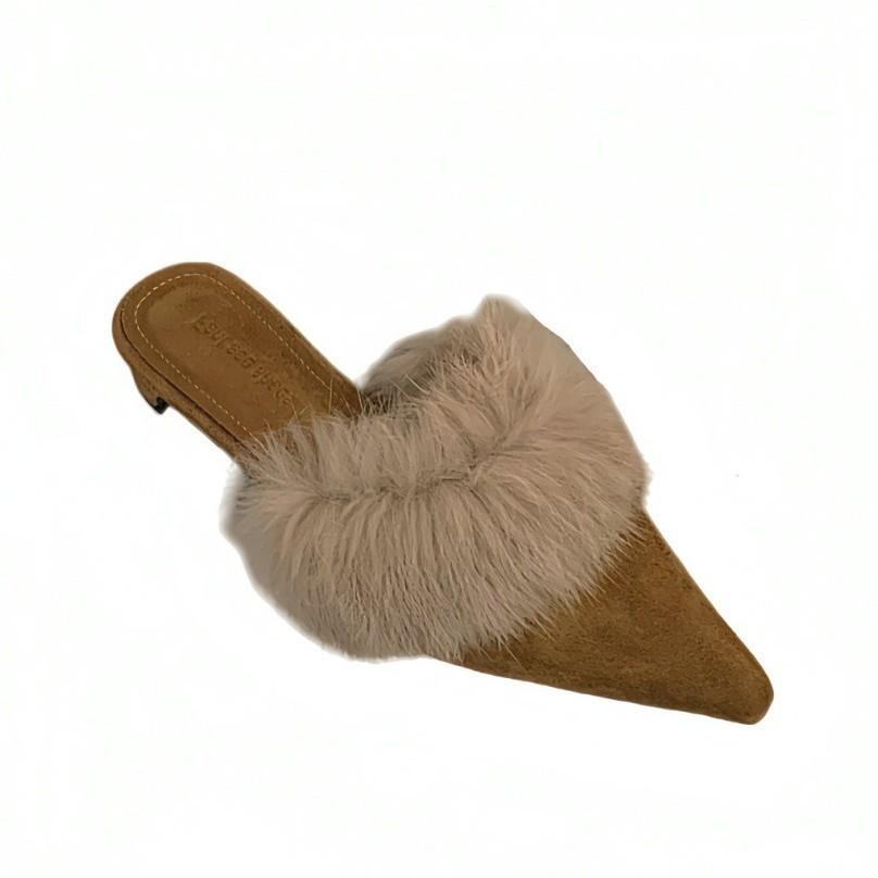 2025 Autumn and Winter New Pointed Head Thin Heel European and American Fashion Bag Head High Heel Fluffy Slippers High Sense Plush Shoes Women