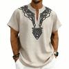 Men’s Lightweight V Neck Short Sleeve Loose Fit Shirt with Linen Texture and Pattern for Casual Comfort Wear