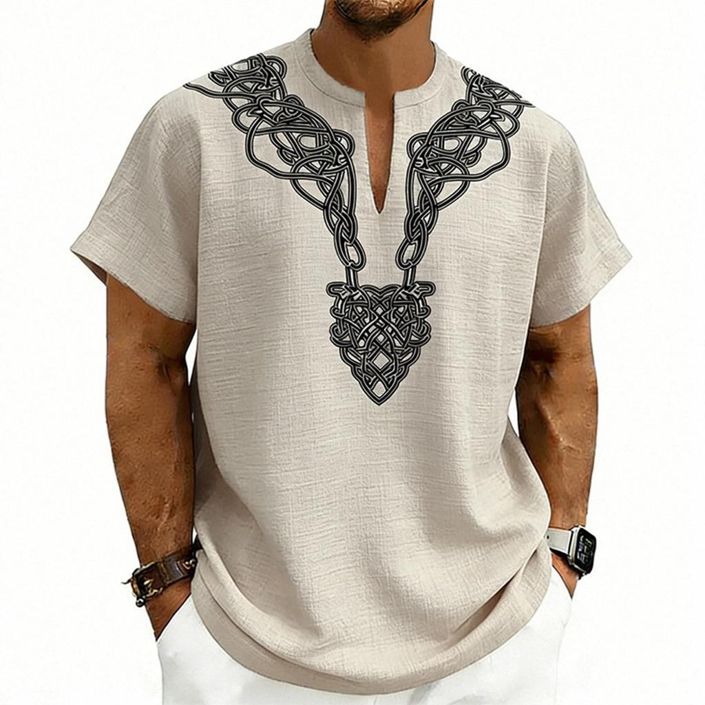 Men’s Lightweight V Neck Short Sleeve Loose Fit Shirt with Linen Texture and Pattern for Casual Comfort Wear