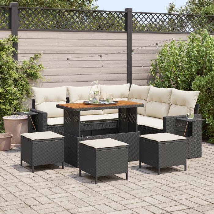 Ensemble de Canapé de Jardin 9 Pièces avec Coussins Noir Rotin Poly Acacia, Ensemble de Salle à Manger de Jardin 4 Pièces 3363700