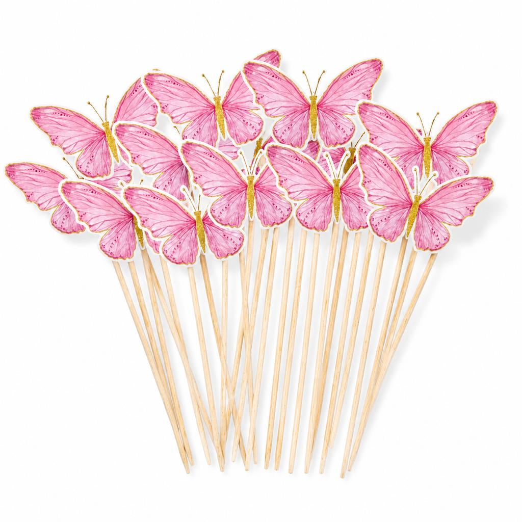 Cake Toppers 10 Pcs Pink Butterfly Picks with Gold-Color Accents for Cupcakes, Birthday Wedding Party Dessert Decor