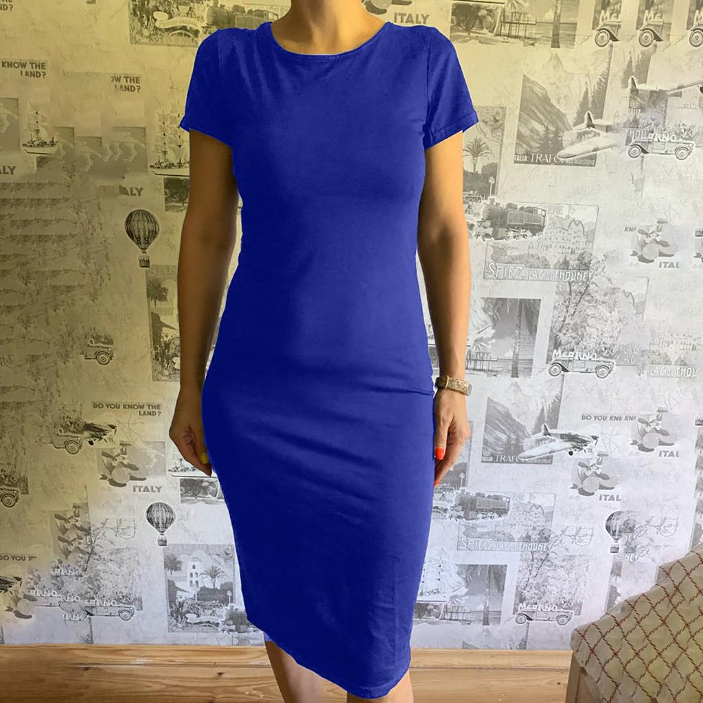 Women's Fashion Sexy  Solid Color Bag Hip Elasticity Short-sleeve Dress