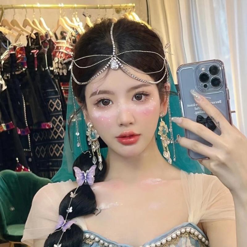 Rhinestone Waterdrop-Head Chain Headwear Crystal Forehead Headband Wedding Bridal Hair Chain Headpiece for Women Jewelry