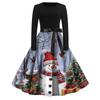 Christmas Print Flare Dress For Women Long Sleeve Dress Hollow Party Casual Dresses