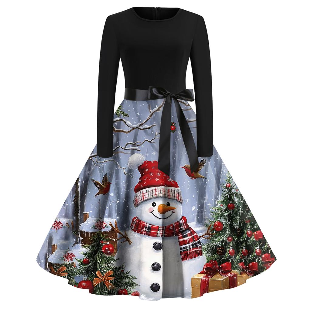 Juletrykk Flare Kjole For Dame Langermet Kjole Hule Fest Casual Kjoler