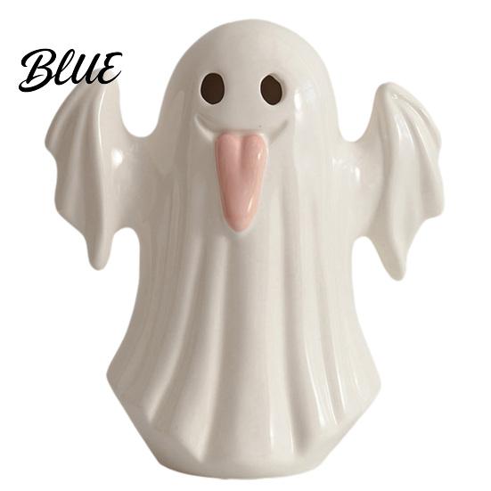 Gift for Halloween Party Light Up Ceramic Ghost Figurines Decor Cute White Statue Decorative Sculpture with Pink Tongue LED Night Home Table Office