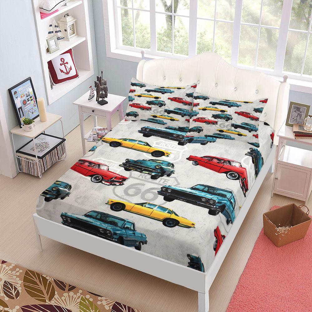 Retro Cars Fitted Sheet Set King Queen Double Full Size Bed Linen Set