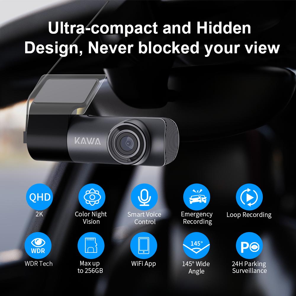 KAWA Dashcam Vorne 1296P, Sprachsteuerung, WiFi Dashcam mit WDR Nachtsicht, 360° drehbarer Körper, 145° Weitwinkel, G-Sensor, D5
