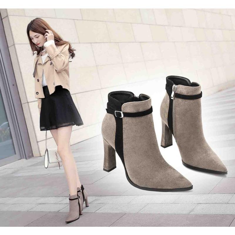 Simple short women's boots thin heel high heel suede splicing pointed sexy nightclub slim short boots