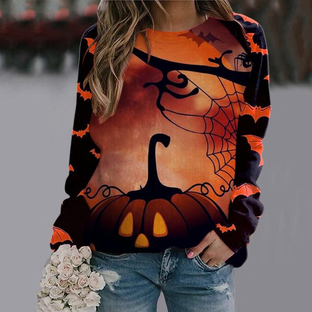 Spring and Autumn Round Neck Halloween 3D Printed Top Fashionable Casual Long Sleeved Women's T-shirts