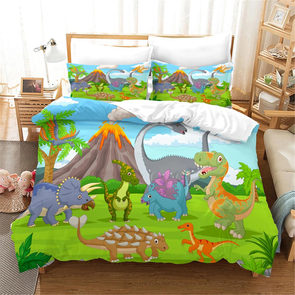 Carton Dinosaur Soft Duvet Cover King Quen Children Kids Jurasic World Stegosaurus Tyranosaurus Beding Set 2/3pcs Polyester Comfortable Quilt Cover