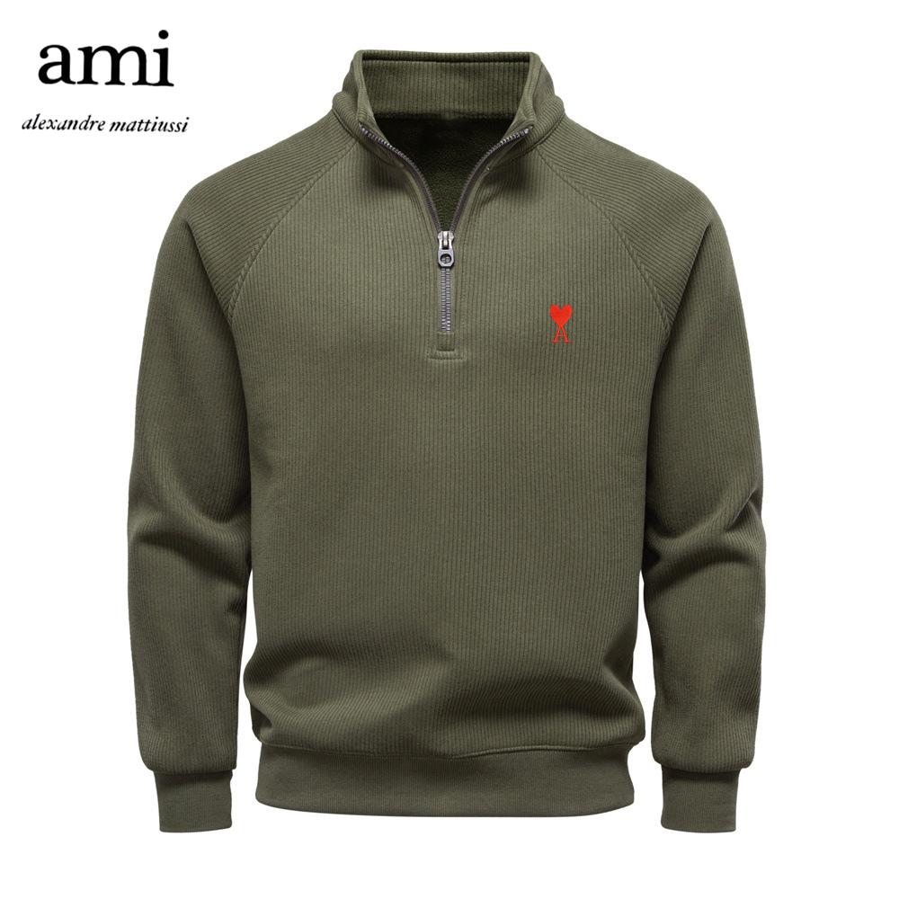 AMI 2025 Neuer Herbst/Winter Stickerei Halber Reißverschluss Hoodie Stehkragen Trendig Vielseitig Plüsch Herren Hoodie
