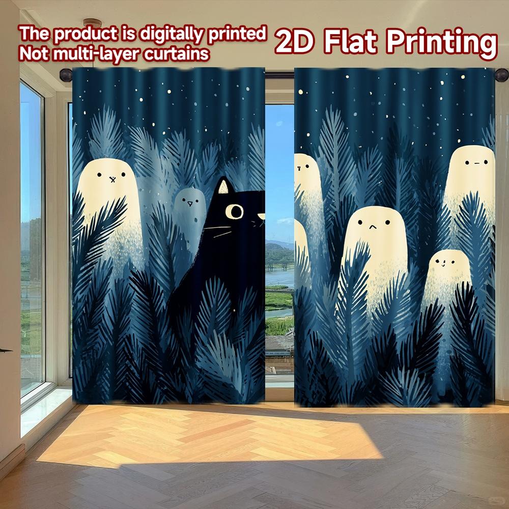 

Flat Printing Curtains Without Rod Halloween Night Cat Ghosts Women Is Day Festival Creative Set Of 2 Made Polyester W100*H70(CM)-Hooks&1PCS