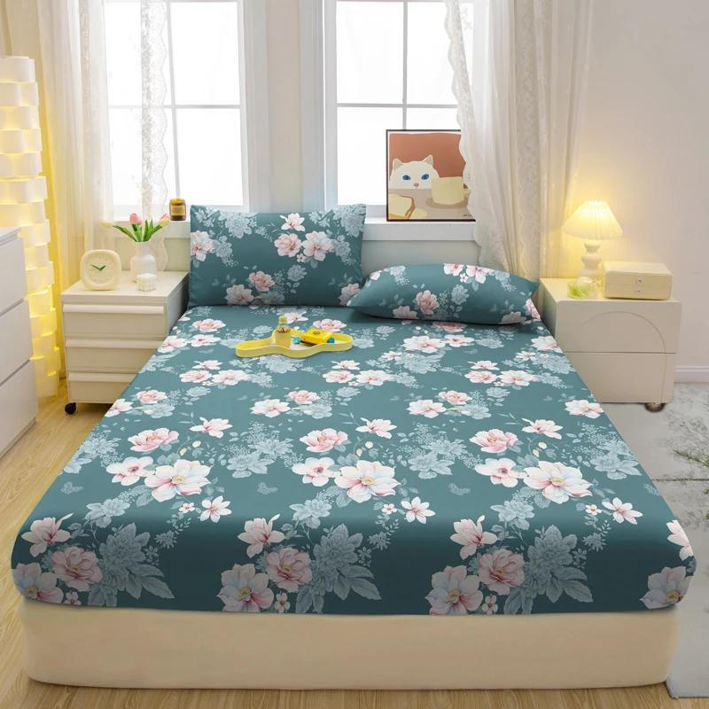 Simple 1 Modern Plant Flower Printed Matte Fitted Sheet, Bedroom Printed Bed Cover, Bedding Excluding Pillowcases