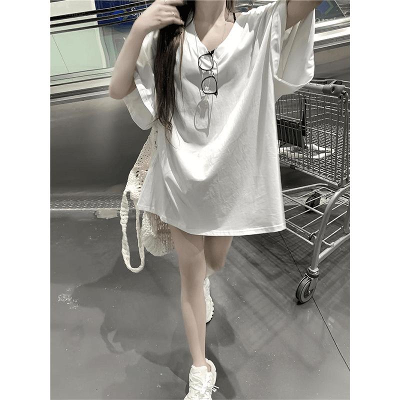 Big V-neck Korean Version Oversize Medium and Long Short-sleeved T-shirt Women's Summer Lower Clothes Missing Loose Casual Versatile Top