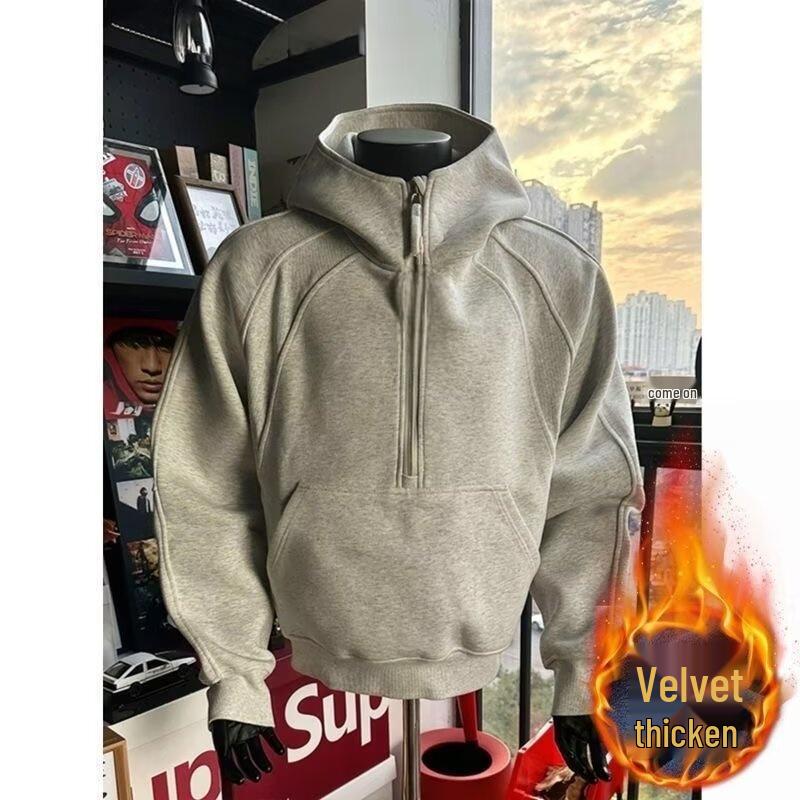 

Men s Heavyweight Fleece-Lined Half-Zip Hoodie: Autumn/Winter Streetwear with Unique Zipper Design. 2XL