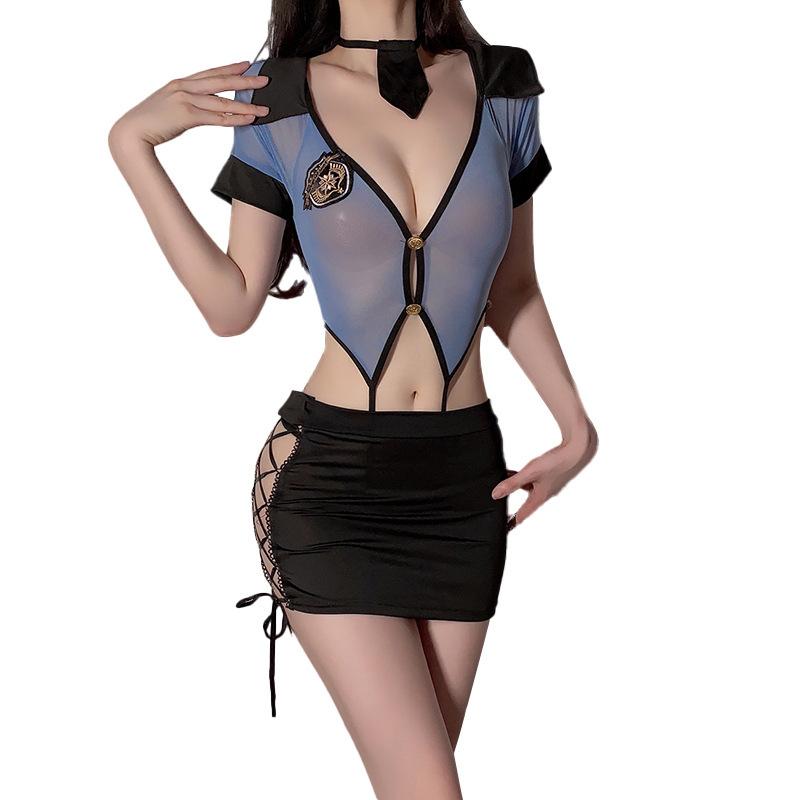Sex police uniform one-piece suit sexy hollow straps secretary hip skirt hot perspective pajamas women