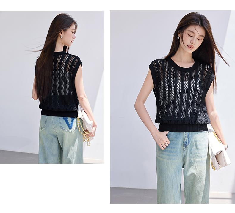 Summer [Light Gap Pleats] Hollow out Fried Dough Twists Knit Shirt Round Neck Sleeveless Blouse with Three Dimensional Texture Overlay