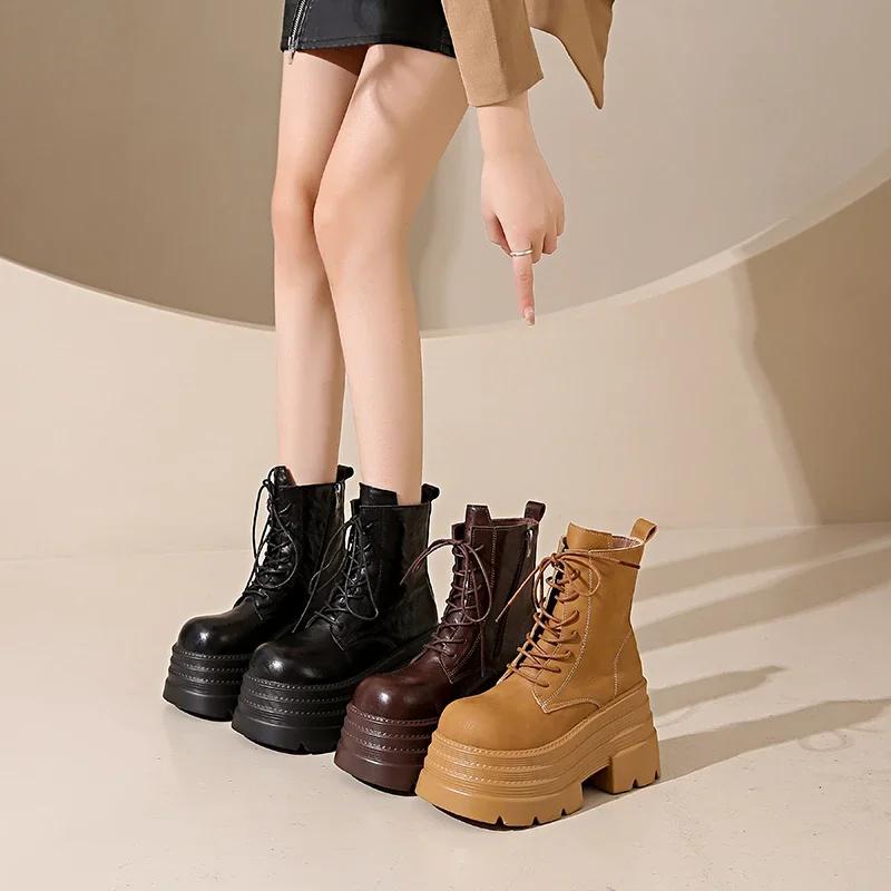Women High Platform Boots Gothic Leather Punk Shoes Female Ankle Short Combat Boots 10.5CM Wedge Heels Chunky Motorcycle Boots