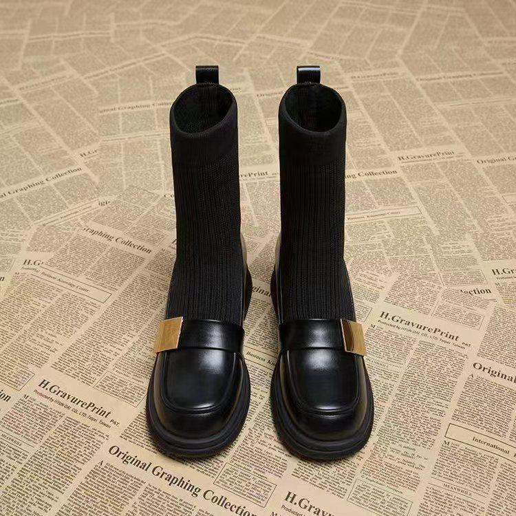 

Женские вязаные стрейчевые ботильоны в уличном стиле 2024 года с металлической пряжкой и бархатной подкладкой 37