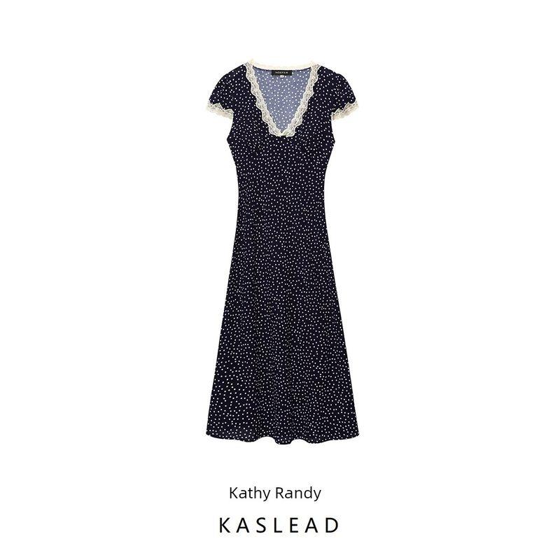 Kaslead New Arrival Women's Clothing Fashion Style Fashion French Style V-neck Lace Patchwork Polka Dot Dress