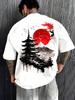 T-shirt Manches Courtes Imprimé au Dos Pagode Japonaise Mont Fuji, Col Rond Coupe Ample Décontracté Style Encre Streetwear