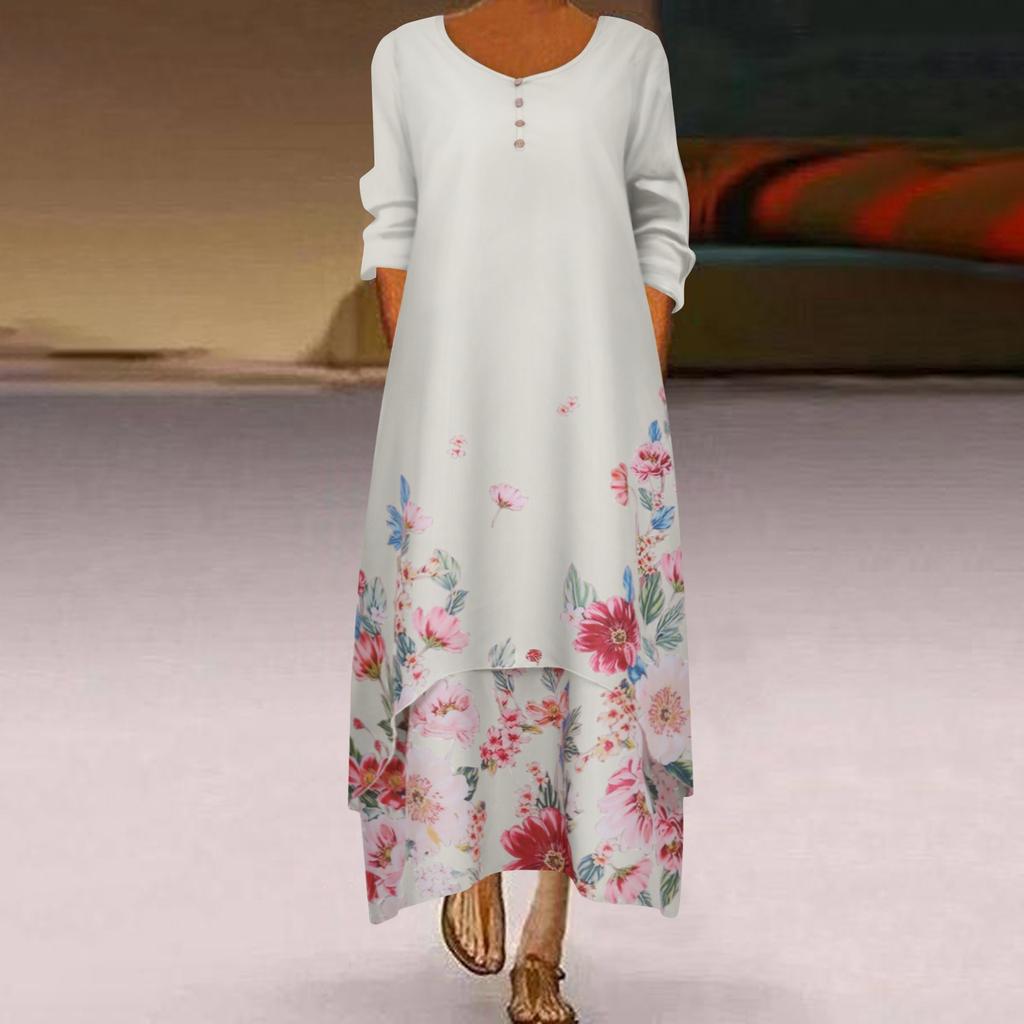 Womens Long Sleeve Floral Print O Neck Long Sleeve Irregular Loose Splice Maxi Dresses