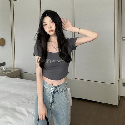 Square Collar Summer Short Sleeve Slim Fit Sexy Women Letter Printed Crop Top T Shirt