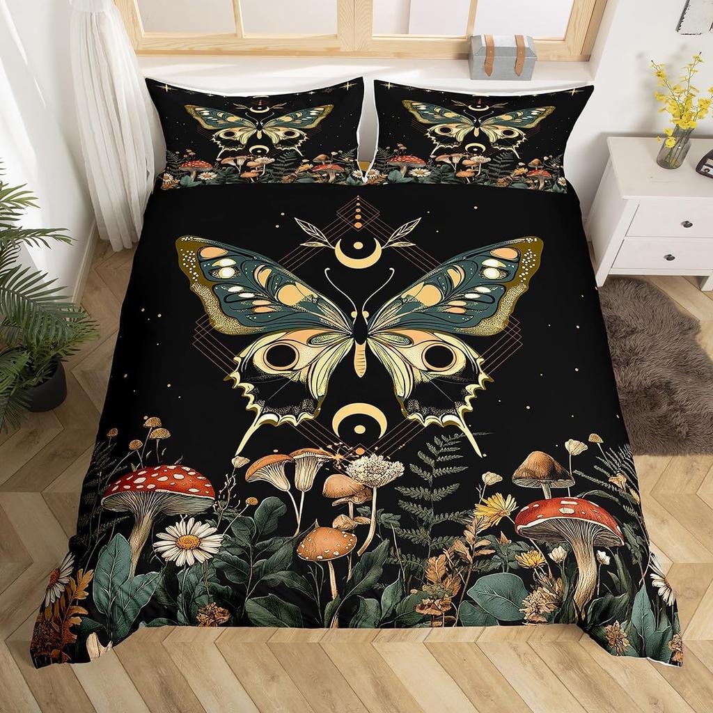 Boho Butterfly Duvet Cover Twin King,Star Moon Starry Sky Galaxy Bedding Set For Boy Girl,Cute Mushroom Daisy Flower Quilt Cover