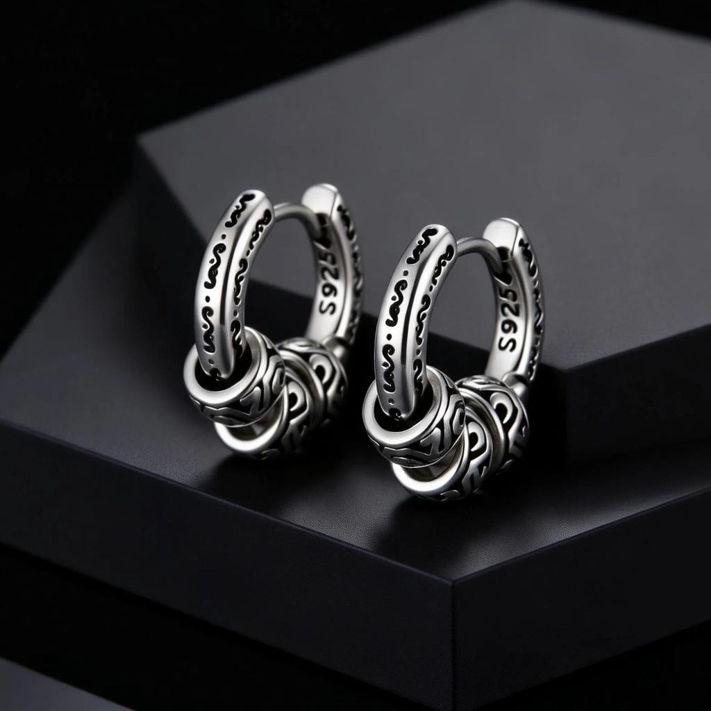 Vintage Totem Vine Pattern Hoop Earrings for Men, Hypoallergenic Metal Huggies Earrings, Rock Punk Piercing Jewelry Gift