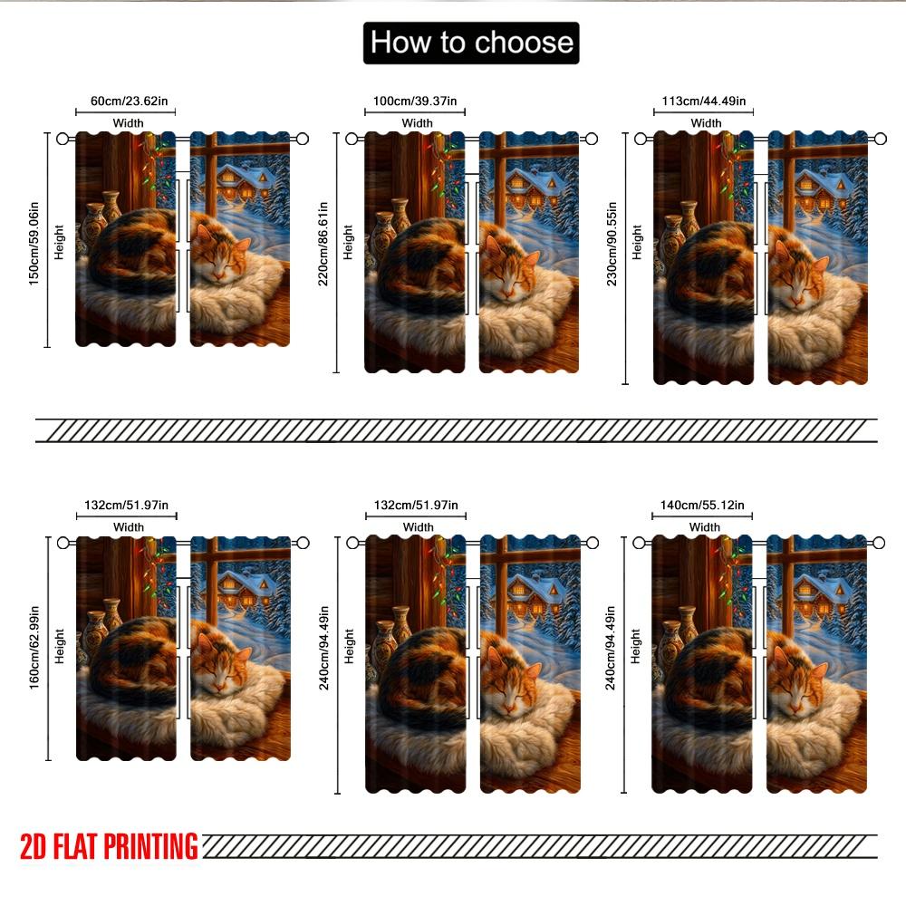 2pcs 2D flat printing Christmas Curtains Cozy Cat Winter Cabin Digital Printed Polyester Drapes Party Decorations for Bedroom