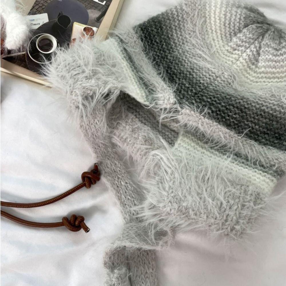 New Design Y2k Handbag-hat Plush Knitted Pullover Beanie Hat Winter Striped Drawstring Hat  Girls