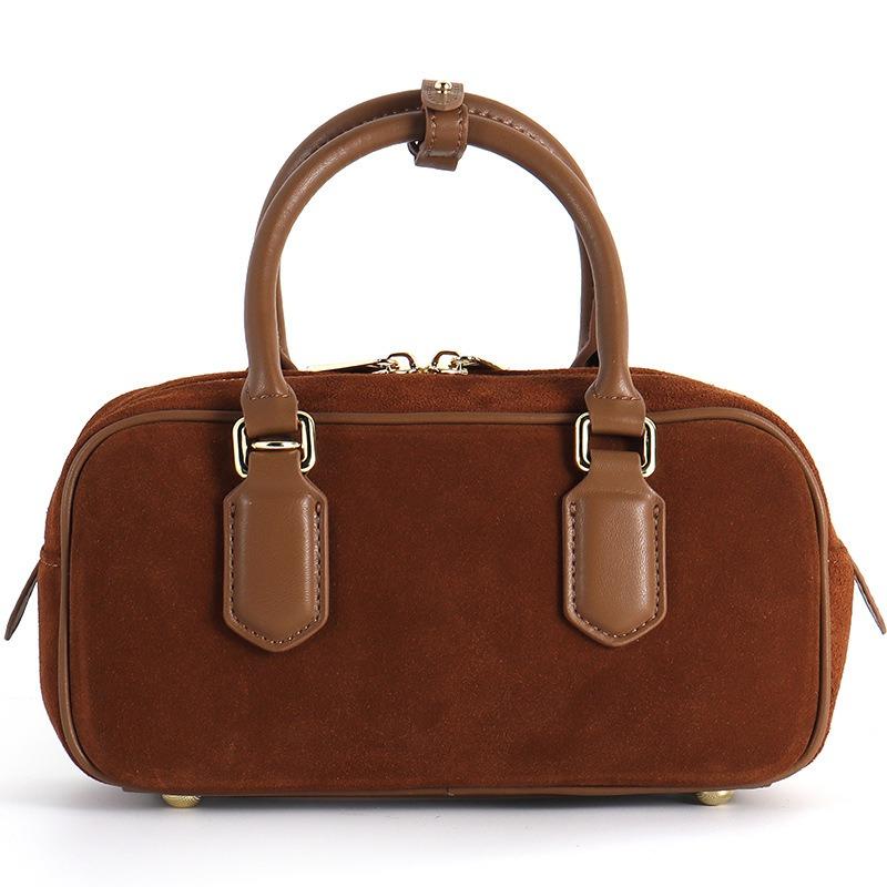 Autumn New Versatile Simple Bowling Leather Matte Leather Suede Shoulder Messenger Women's Bag Retro Handbag
