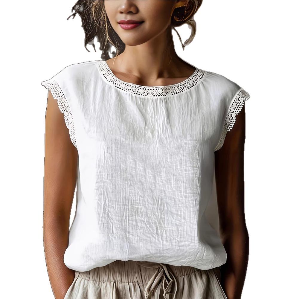 Lniany top z krótkim rękawem w stylu retro z damskim koronkowym patchworkiem, okrągły dekolt, luźny i wyszczuplający, letnia oddychająca lniana koszulka