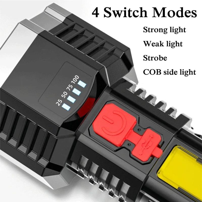 LED Super Bright Rechargeable Flashlight Waterproof Long Range Spotlight COB Light Battery Display Outdoor Camping Torch