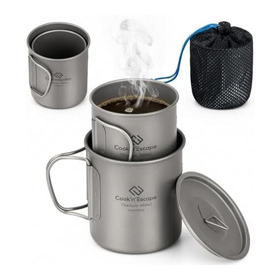 COOK N ESCAPE Titanium Mug Set 300ml + 450ml Lightweight Stacking with Lid Folding Handle Open Fire Compatible Unpainted Camping Cup Outdoor Cup