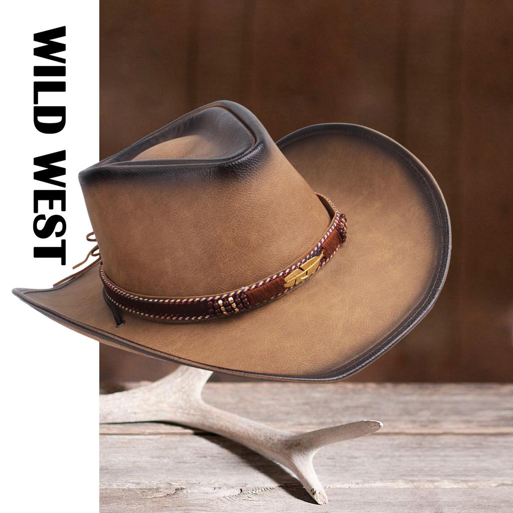New 100% Leather Men Women Western Cowboy Hat Wide Brim Godfather Hats Gentleman Church Sombrero Hombre Jazz Cap