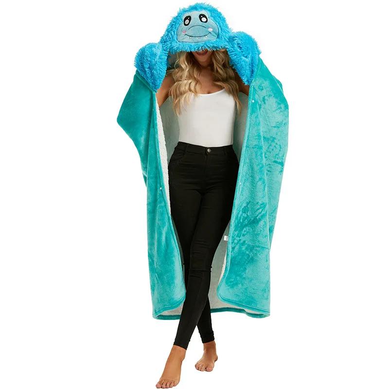 Cartoon Animal Hooded Blanket Soft Fleece Lamb Velvet with Sleeves Gloves Comfortable Winter Home TV Sofa Nap Blanket