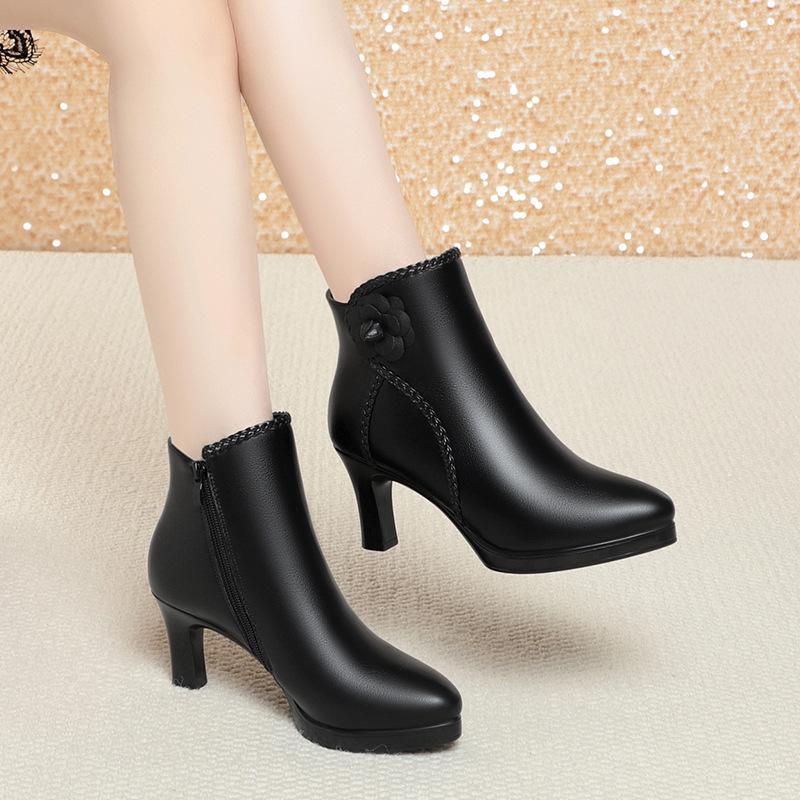 Spitze kurze Stiefel Damen High Heels Herbst und Winter, neue Stiletto weiße Stiefel mit Rock Mutter Baumwollschuhe Samt Lederschuhe