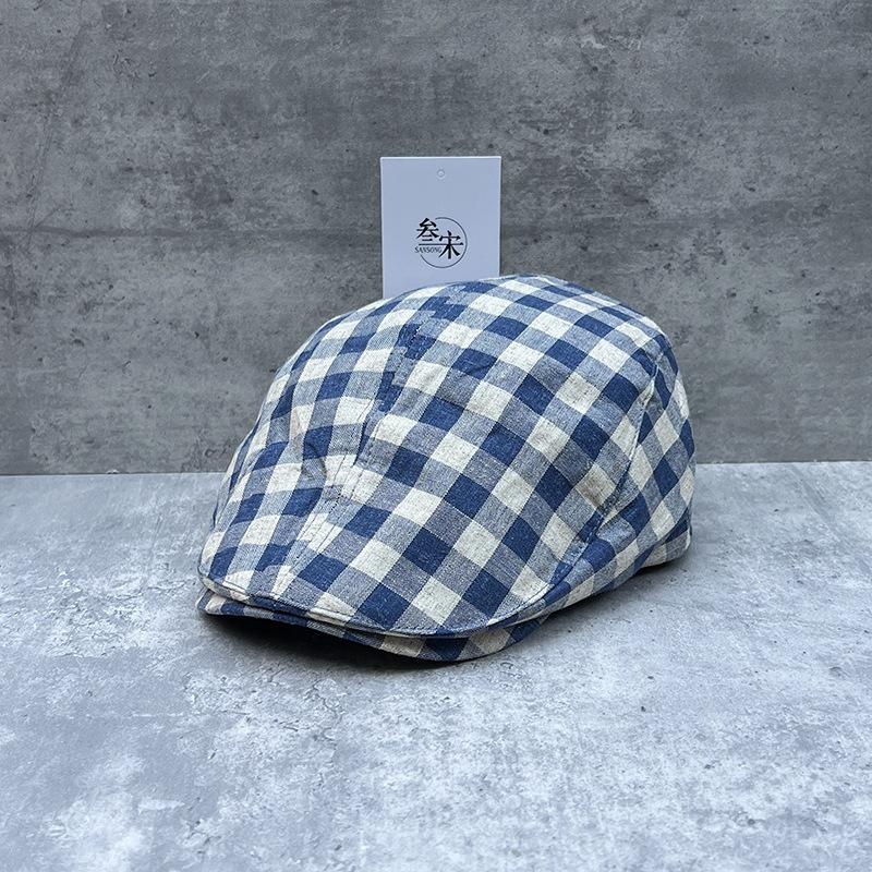 Cotton And Linen Plaid Breathable Forward Hat Casual Face Peaked Cap Women S Summer Retro Japanese Retro Newsboy Hat M（56-58cm）