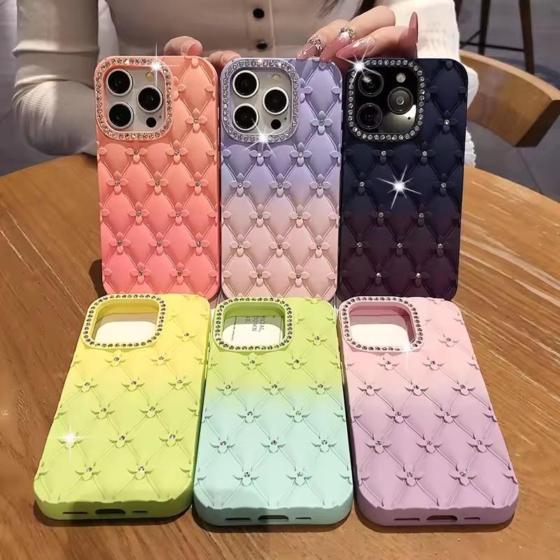 Luxury Glitter Rhinestone 6D Flowers Case for IPhone 17air 13 14 15 16 Pro Max Gradient Color Soft Silicone Shockproof Cover