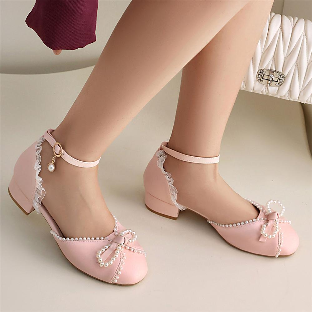 Fashion Spring Autumn Women Low Heels Mary Jane Pumps Party Wedding White Pink Beige String Bead Bow Princess Cosplay Lolita Shoes 31-48