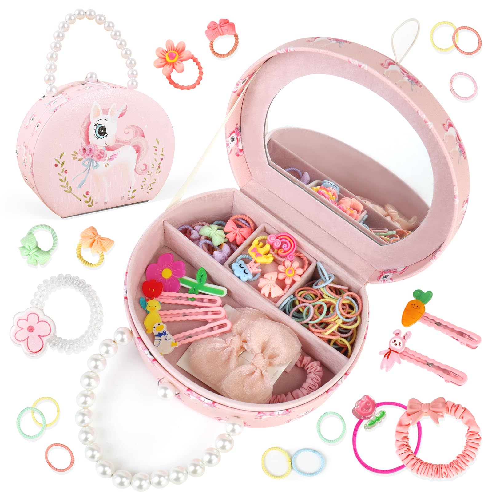 

CORPER TOYS Детский набор аксессуаров для волос Резинки Заколки Роскошный набор с сумкой и зеркалом Цветы Банты Ленты Аксессуары для волос Стильный для девочек Детское хранение розовый