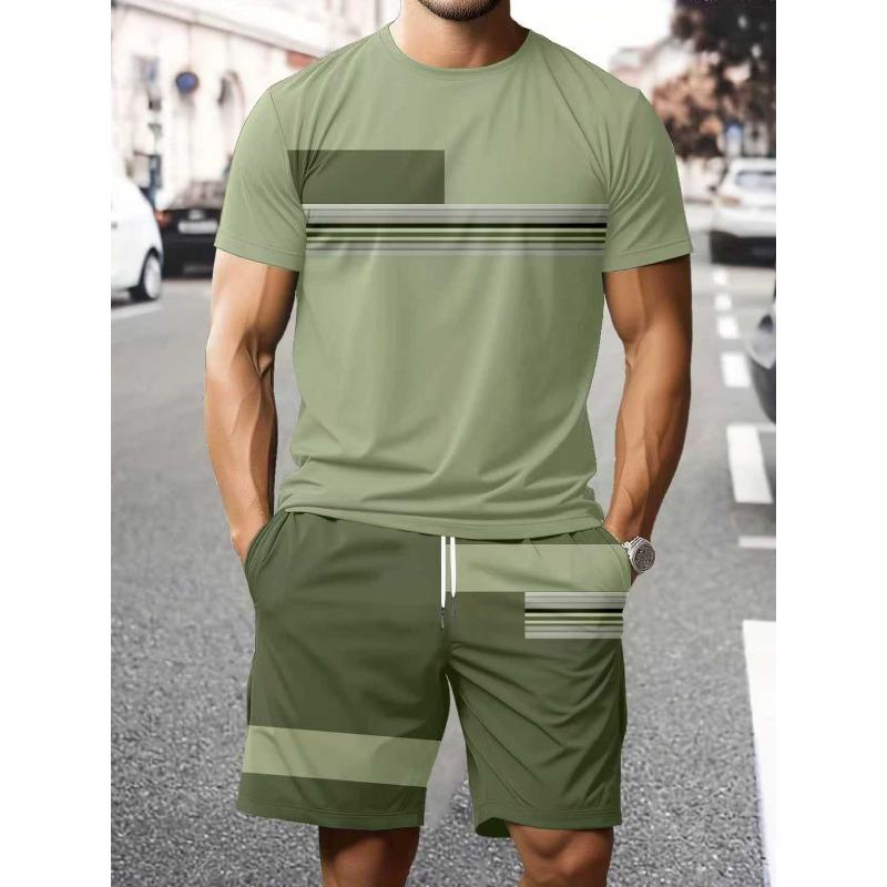 Summer  Arrival Men's Casual Two-Piece Set Striped Print Short-Sleeve Shirt and Athletic Shorts Set