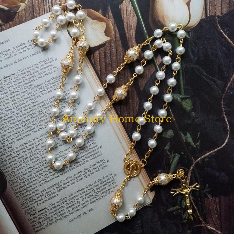 F26C Vintage Pearl Beads Rosary Necklace Jesus Christ Crucifix for Cross Pendant Neck
